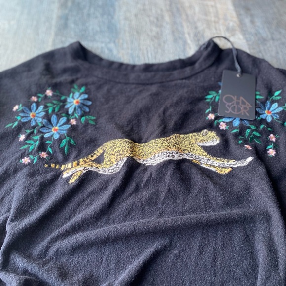 NWT CHASER Black Soft Leopard Floral Embroidered Side Tie Sweatshirt Size Medium - Picture 5 of 13